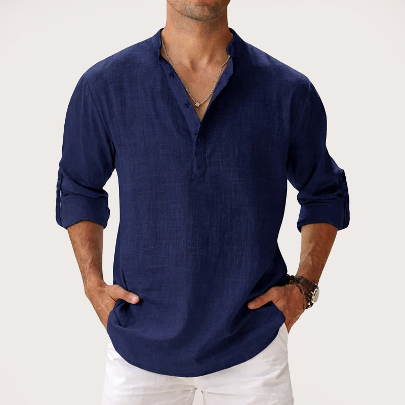 Caleb - Men's Long Sleeve Henley Shirt with Roll-Up Sleeves