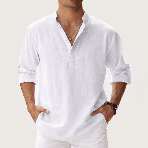 Caleb - Men's Long Sleeve Henley Shirt with Roll-Up Sleeves