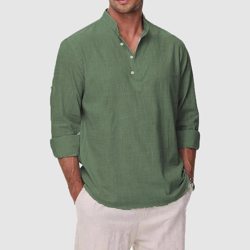 Garrett - Men's Cotton Linen Henley Long Sleeve Shirt