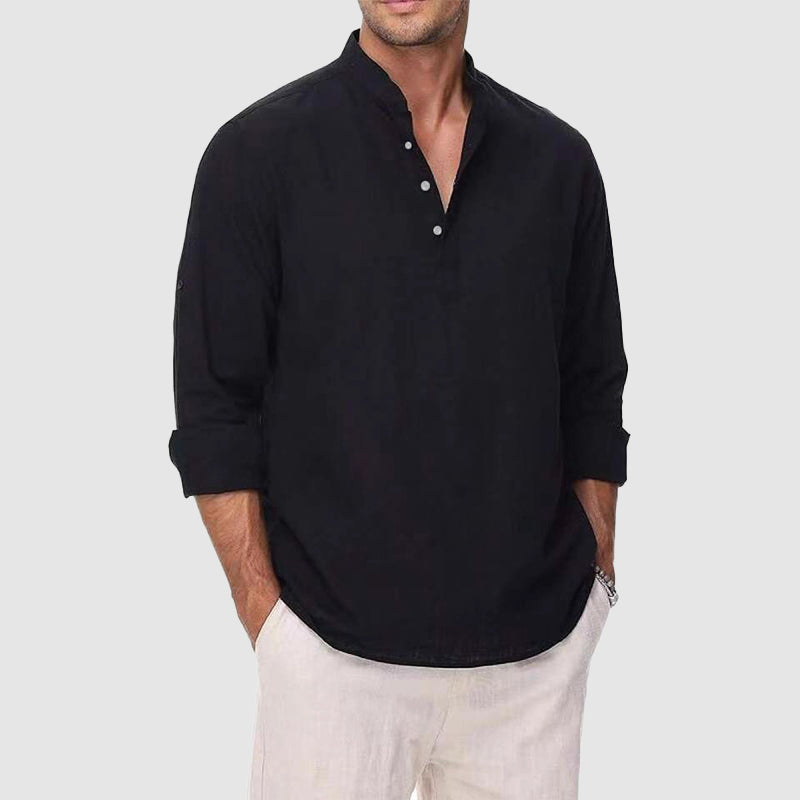 Garrett - Men's Cotton Linen Henley Long Sleeve Shirt