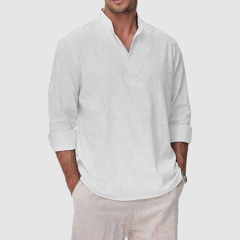 Garrett - Men's Cotton Linen Henley Long Sleeve Shirt
